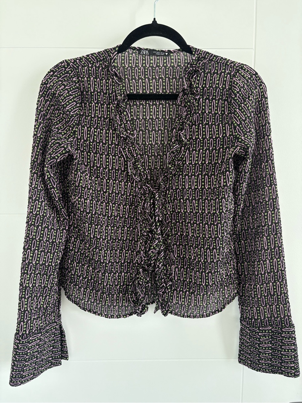 Zara Geometric Black, Green & Lavender Printed Ruffle-Trim Blouse
